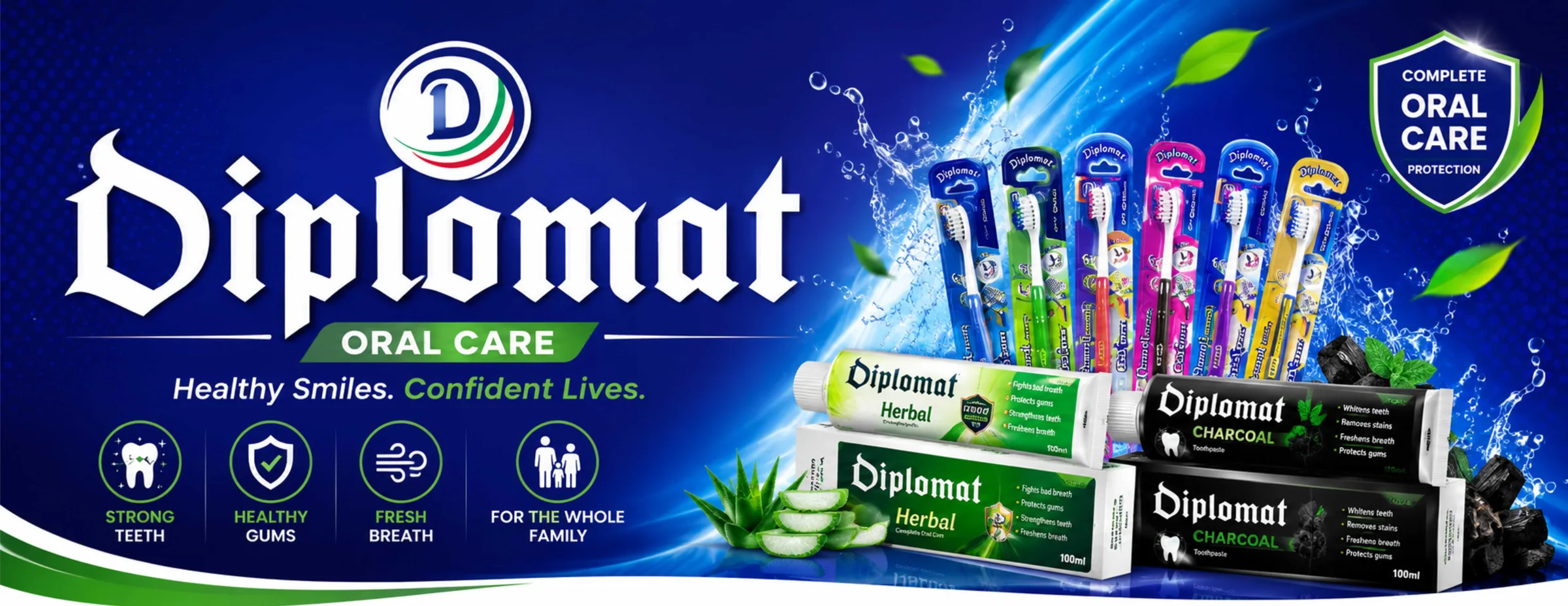 Diplomat Oral Care campaign banner with toothpaste and toothbrushes