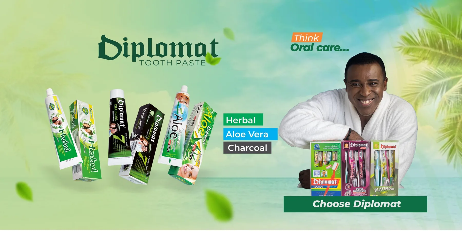 Diplomat toothpaste in Herbal, Aloe Vera and Charcoal, with Diplomat toothbrushes