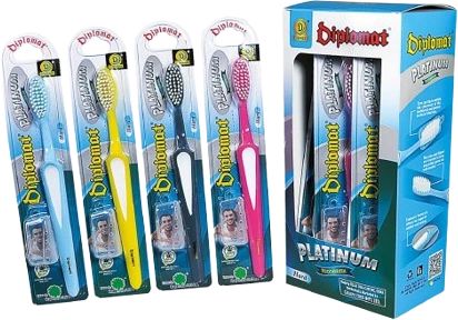 Diplomat Platinum toothbrushes in blue, yellow, black and pink, with their display box